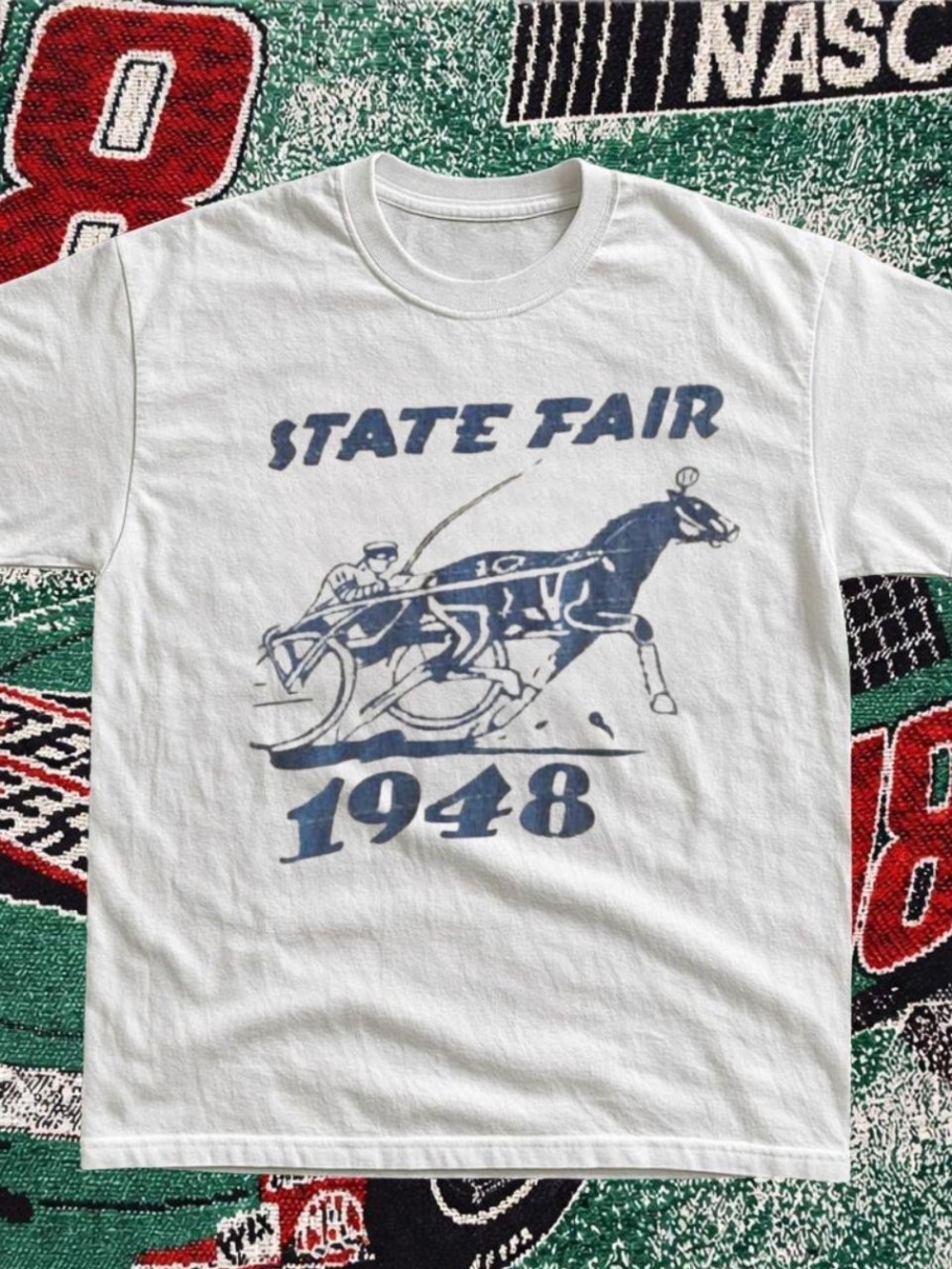 Gildan White Tee with Blue 'State Fair 1948' Horse Graphic